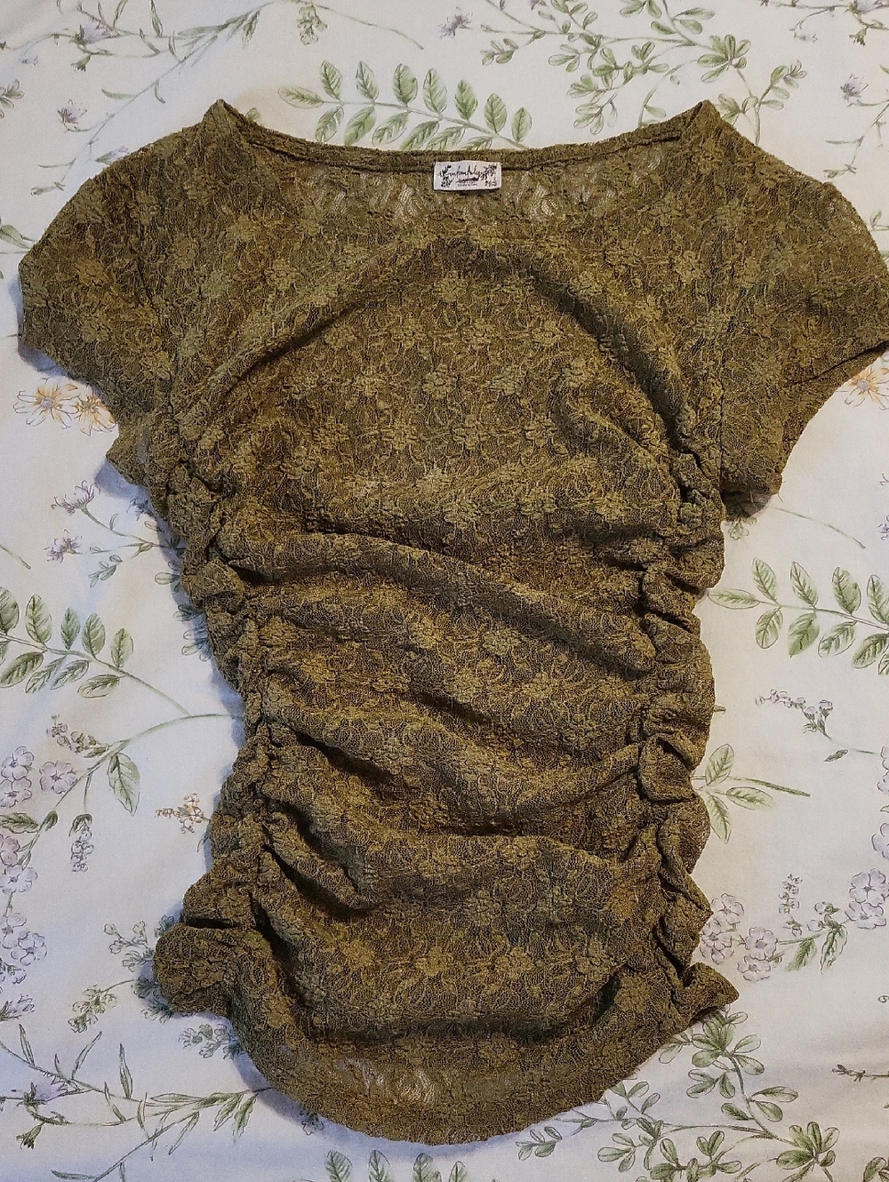 Ruched Short-Sleeve Olive Lace Top